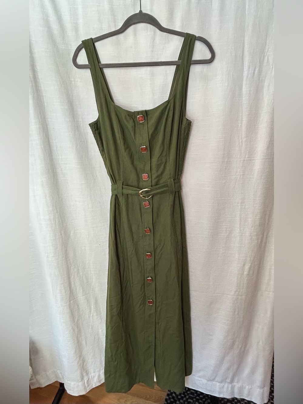 Taylor Olive Green Linen Designer Button-Front Belted Maxi Dress with Belt‎
